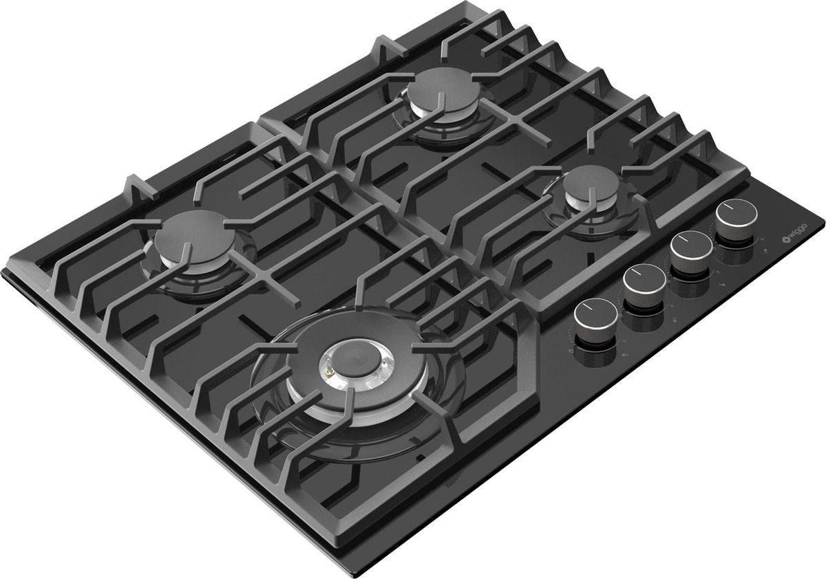 Wiggo WH-G634GL(B)-2 Inbouw Gaskookplaat - 60 cm - Zwart met luxe uitstraling en elektronische vonkontsteking.