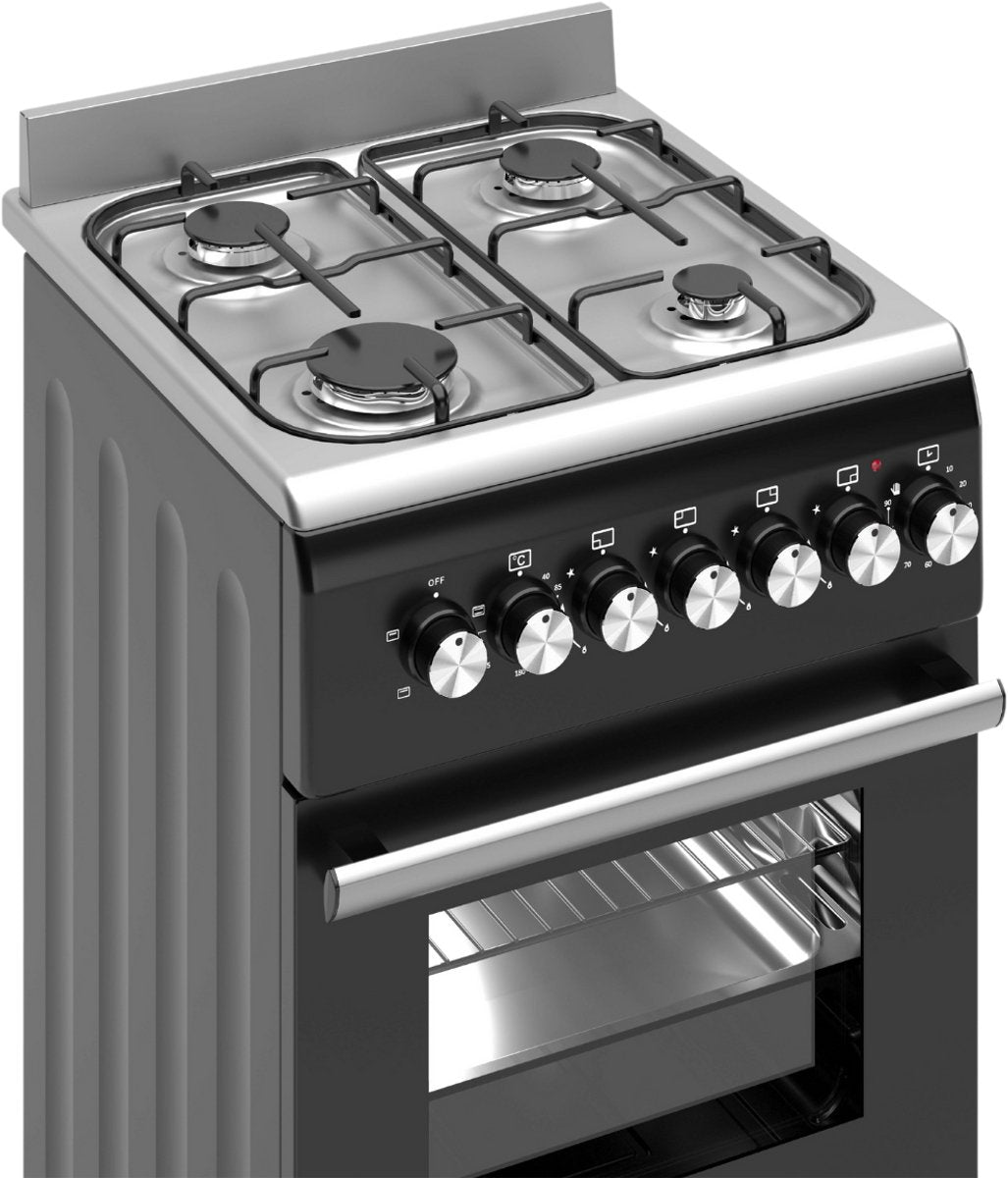 Wiggo WO‑E505R(BX)-2 Vrijstaande Gasfornuis - 50 cm - Zwart met 4 kookzones en elektrische oven.