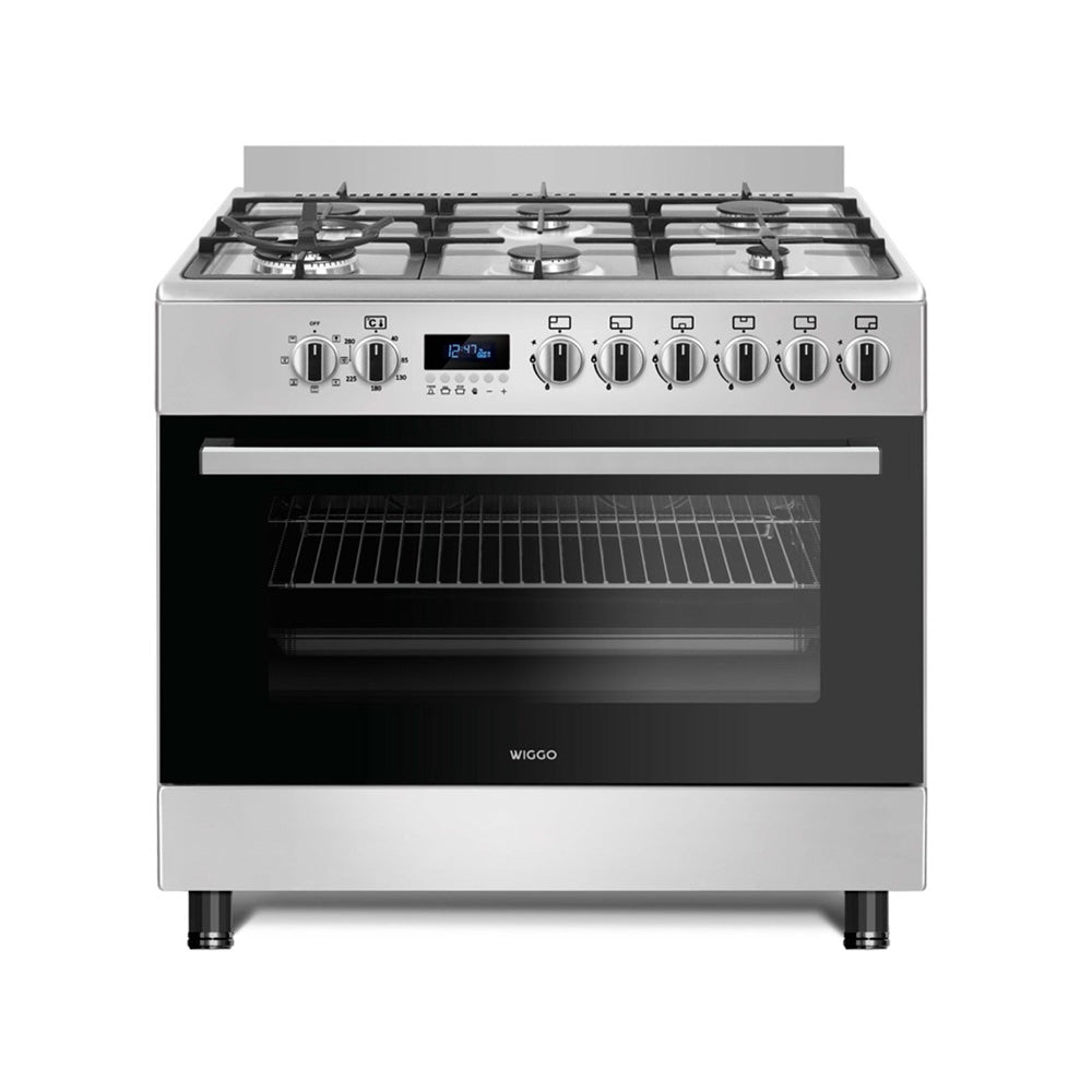 Wiggo WO‑E969R(XX) – Vrijstaand gasfornuis – 90 cm – 6 kookzones met dubbele wokbrander – 110L elektrische oven – Roestvrijstaal – Elektrische vonkontsteking & vlambeveiliging