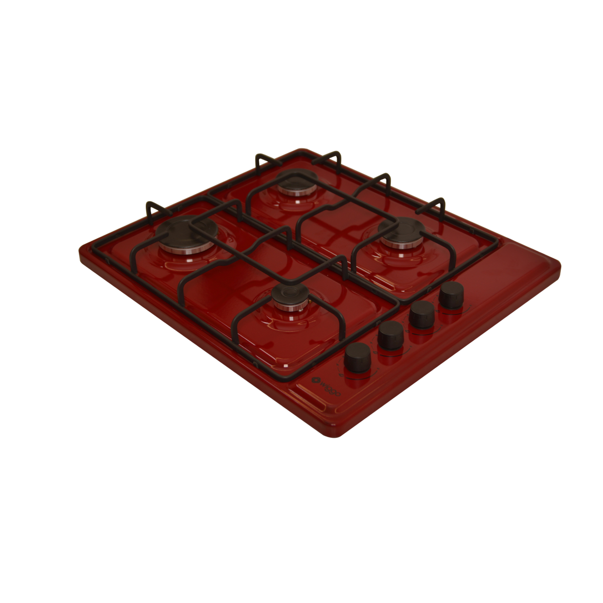 Wiggo WH-G604F(R) Vrijstaande Gaskookplaat - 60 cm - Rood met vier gasbranders en robuuste pannendragers.