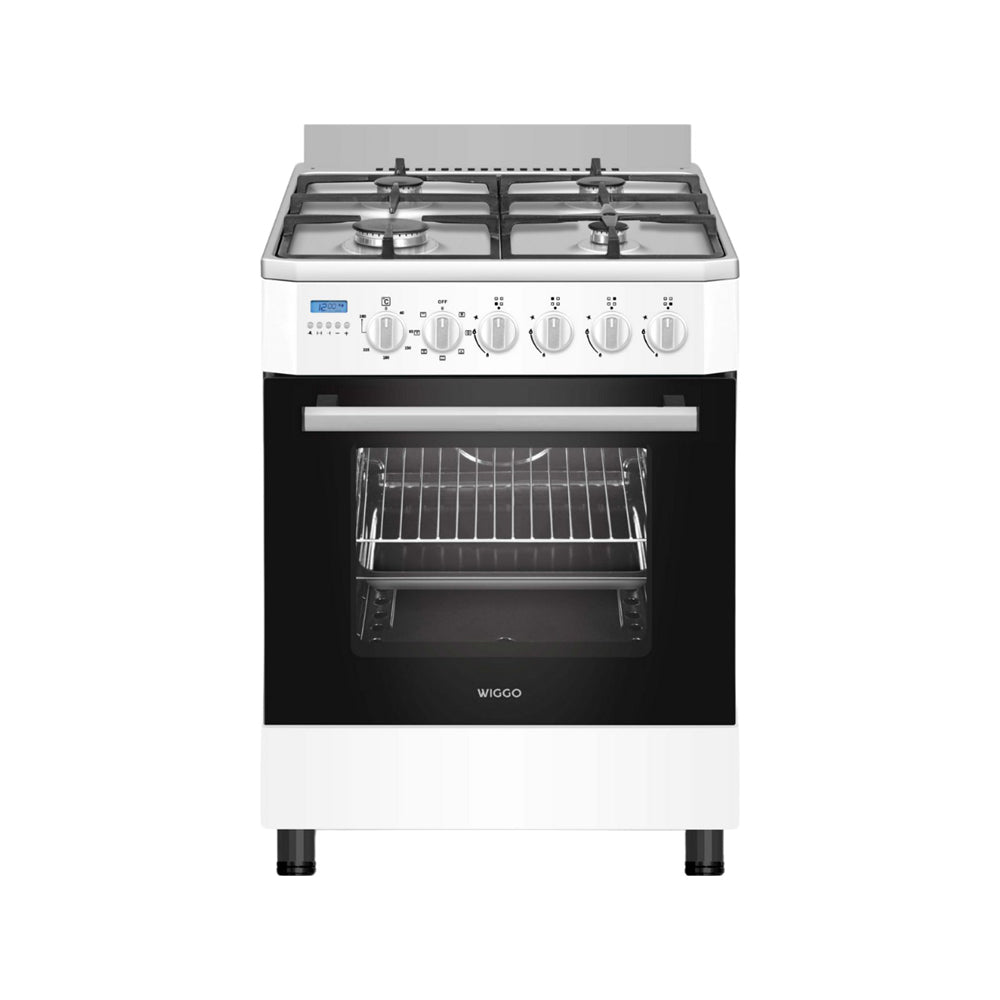 Wiggo WO‑E603R(WW) – Vrijstaand gasfornuis – 60 cm – 4 kookzones – 56L elektrische oven – Wit – Elektrische vonkontsteking & vlambeveiliging – Energieklasse A – 5 jaar garan