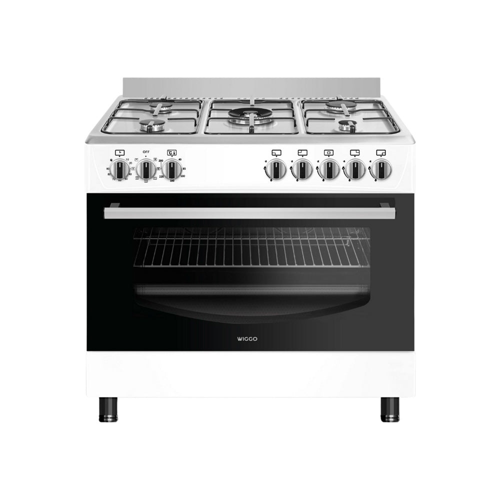 Wiggo WO‑E905R(WX) – Vrijstaand gasfornuis – 90 cm – 5 kookzones met wokbrander – 110L elektrische oven – Wit Roestvrijstaal – Elektrische vonkontsteking & vlambeveiliging –