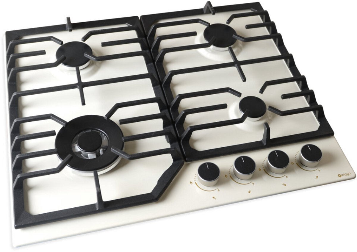 Wiggo WH-G634GL(C) - Inbouw Gaskookplaat - Glas op gas - Wok brander - 60cm - 4 Kookzones - Gietijzeren pannendragers - 5 jaar garantie - Crème Glas
