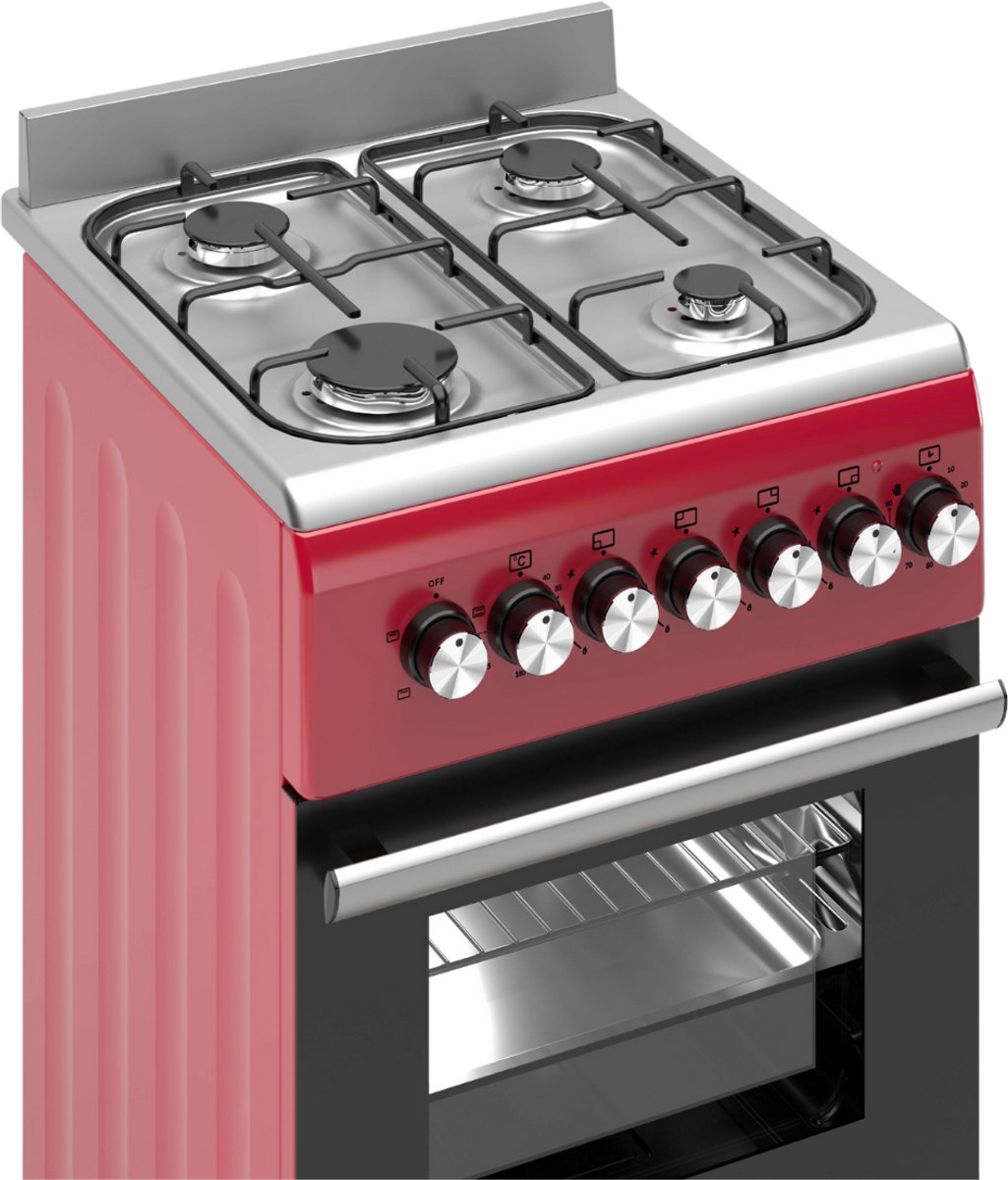 Wiggo WO‑E505R(RX)-2 Vrijstaande Gasfornuis - 50 cm - Rood met vier kookzones en elektrische oven.