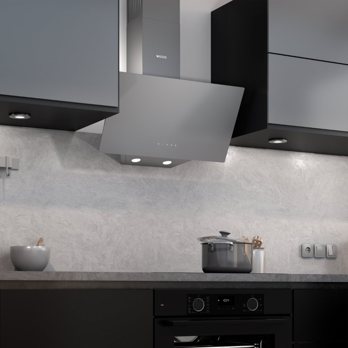 Wiggo WE-E913G(G) Schuine Afzuigkap - 90 cm - Grijs geïnstalleerd in een moderne keuken.