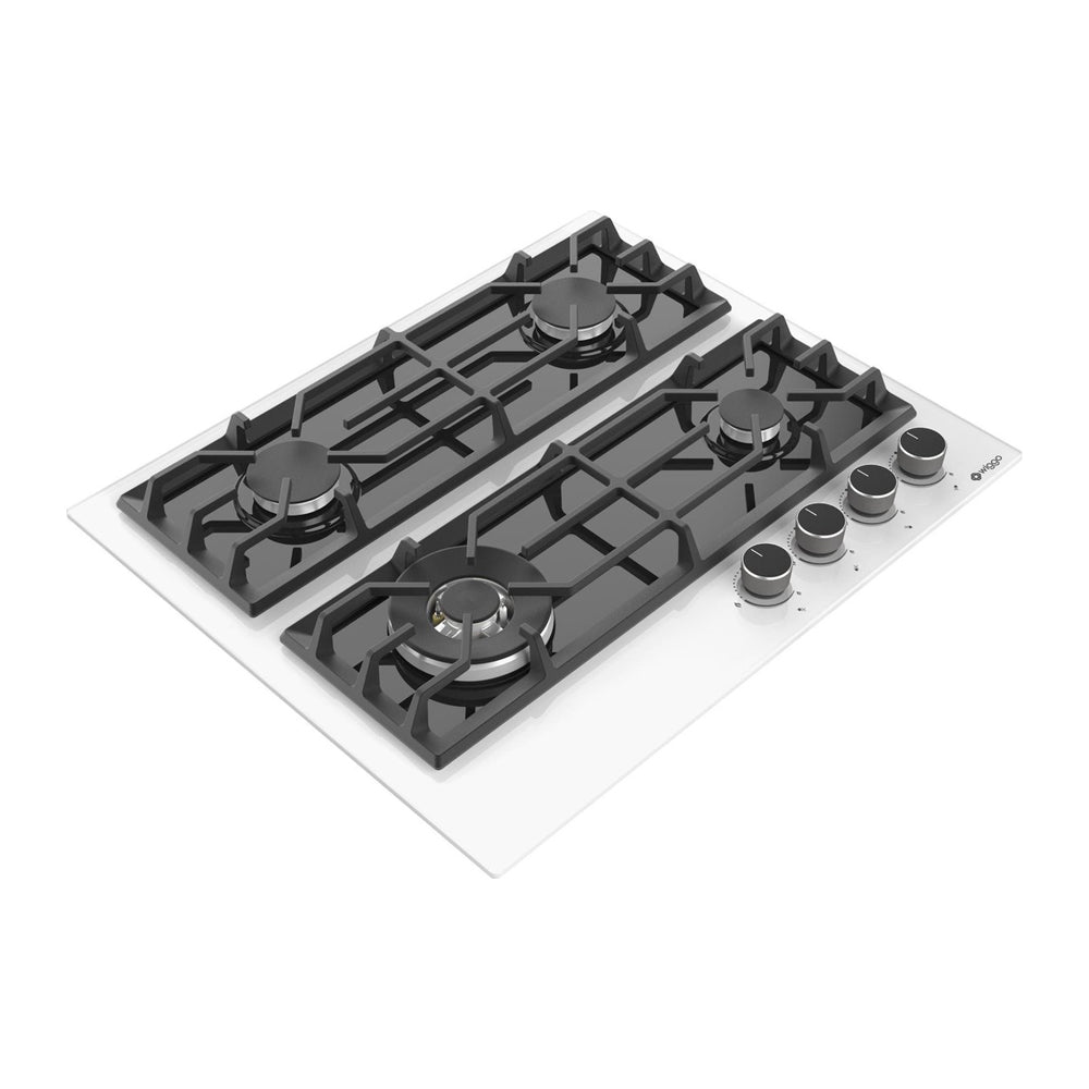 Wiggo WH-G634GR(W) - Inbouw Gaskookplaat - Glas op gas - Wok brander - 60cm - 4 Kookzones - Gietijzeren pannendragers - 5 jaar garantie - Wit Glas