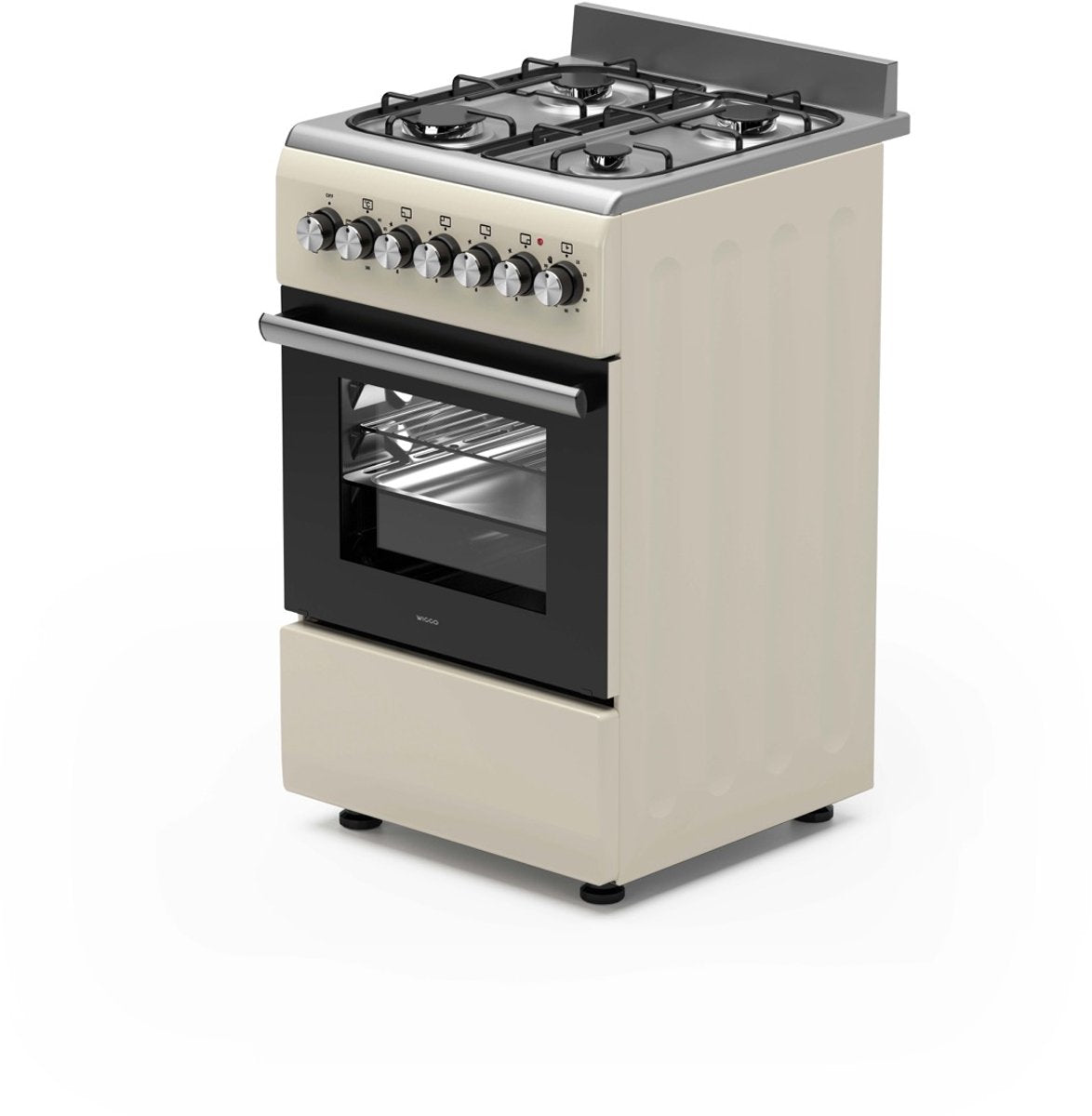 Wiggo WO‑E505R(CX)-2 Vrijstaande Gasfornuis - 50 cm - Creme in modern design met 4 kookzones en elektrische oven.