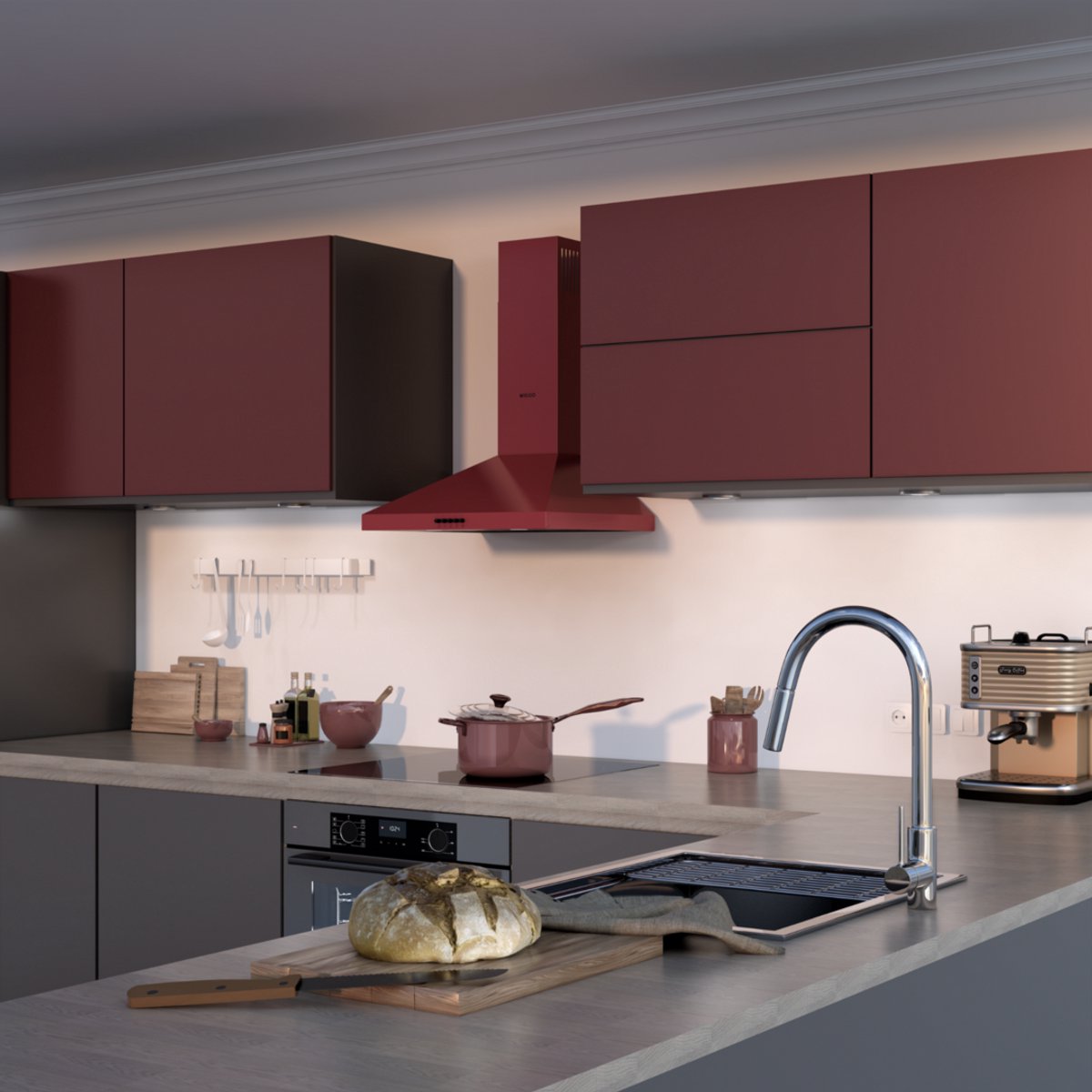Wiggo WE-A530P(R) Wandschouw Afzuigkap - 50 cm - Rood