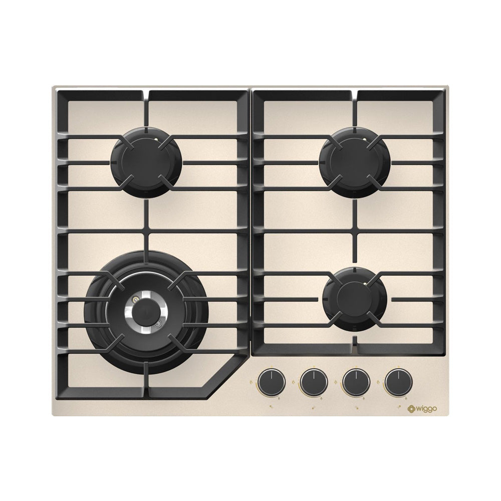 Wiggo WH-G634GL(C) - Inbouw Gaskookplaat - Glas op gas - Wok brander - 60cm - 4 Kookzones - Gietijzeren pannendragers - 5 jaar garantie - Crème Glas