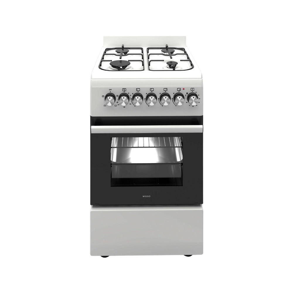 Wiggo WO‑E505R(WX) – Vrijstaand gasfornuis – 50 cm – 4 kookzones – 52L elektrische oven – Wit Roestvrijstaal – Timer & elektrische vonkontsteking – 5 jaar garantie