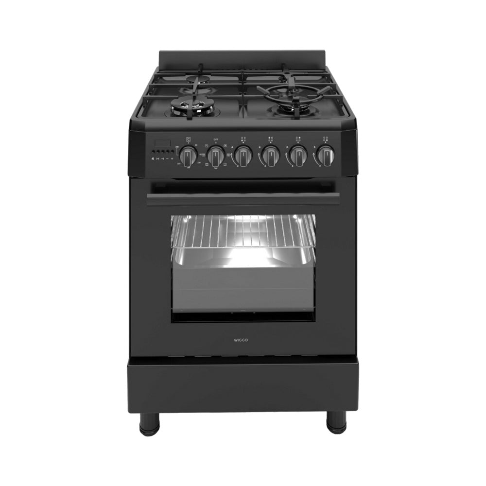 Wiggo WO-E639R(BB) – Vrijstaand gasfornuis – 60 cm – 5 kookzones – met wokbrander – 56L elektrische oven – Zwart – Elektrische vonkontsteking & vlambeveiliging – Energieklasse