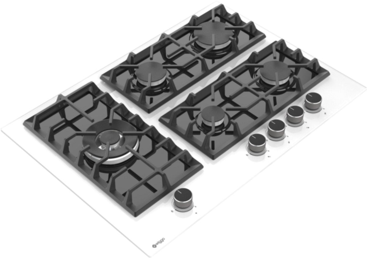 Wiggo WH-G735GR(W) - Inbouw Gaskookplaat - Glas op gas - Wok brander - 70cm - 5 Kookzones - Gietijzeren pannendragers - 5 jaar garantie - Wit Glas