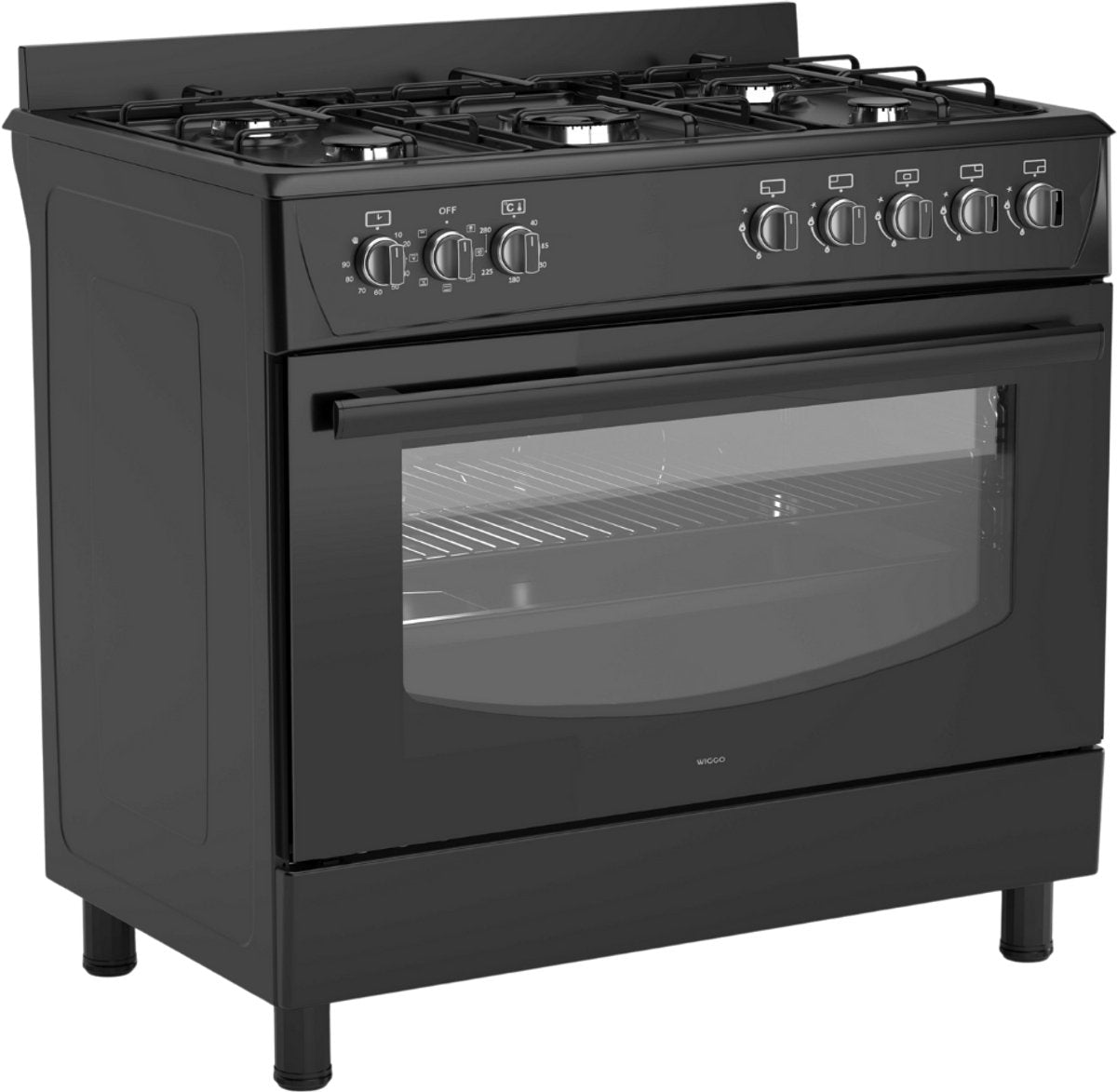 Wiggo WO‑E905R(BB) – Vrijstaand gasfornuis – 90 cm – 5 kookzones met wokbrander – 110L elektrische oven – Zwart – Elektrische vonkontsteking & vlambeveiliging – Energieklass