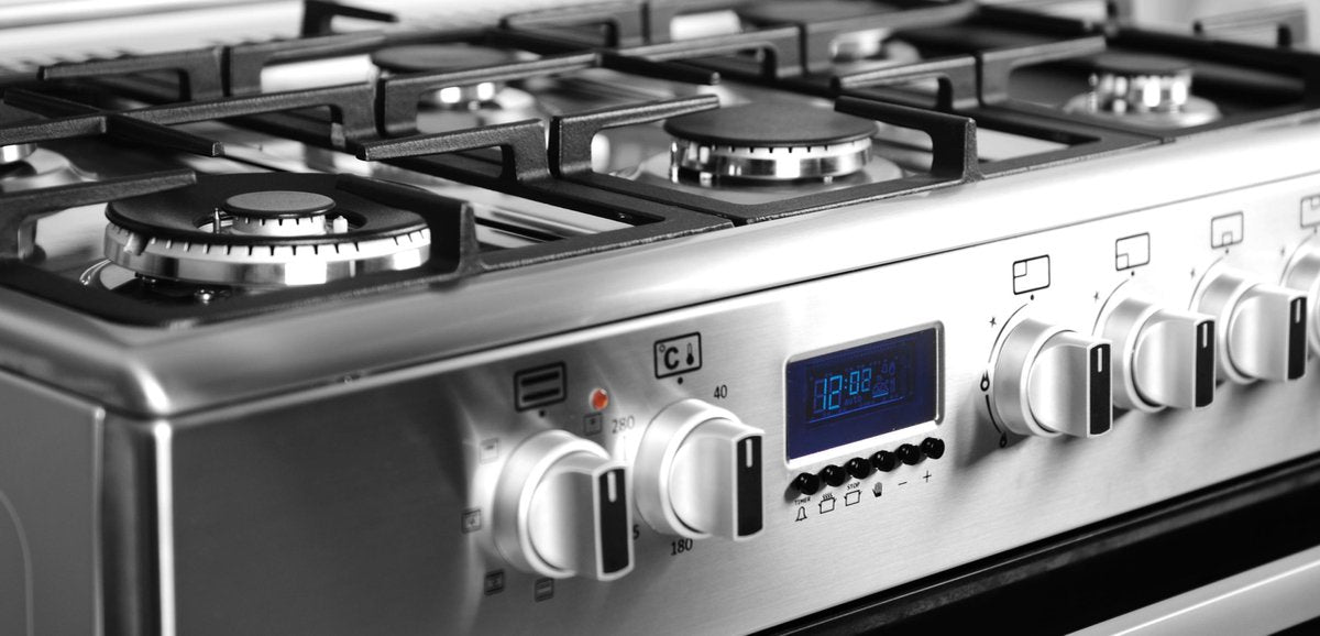 Wiggo WO‑E969R(XX) – Vrijstaand gasfornuis – 90 cm – 6 kookzones met dubbele wokbrander – 110L elektrische oven – Roestvrijstaal – Elektrische vonkontsteking & vlambeveiliging