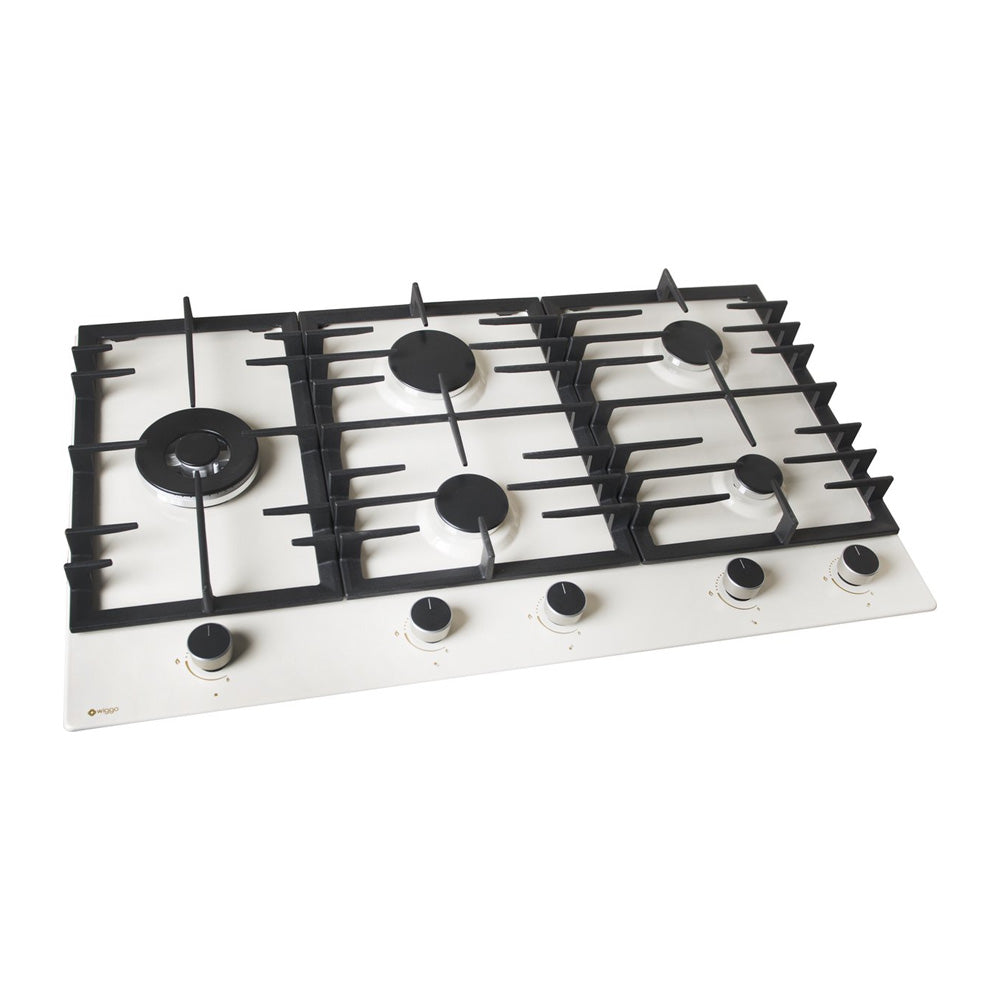 Wiggo WH-G935RR(C) - Inbouw Gaskookplaat - Wok brander - 90 cm - 5 Kookzones - Gietijzeren pannendragers - 5 jaar garantie - Crème Geëmailleerd
