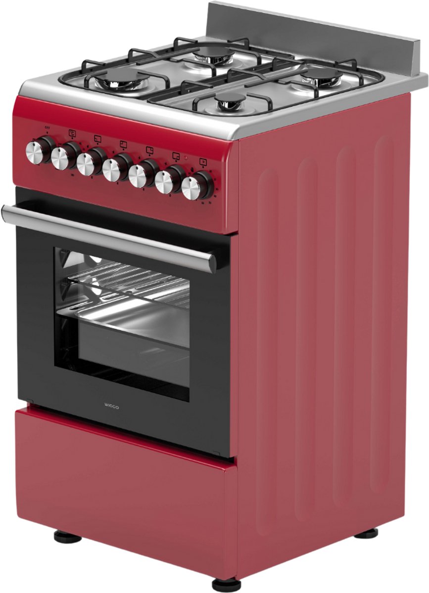 Wiggo WO‑E505R(RX)-2 Vrijstaande Gasfornuis - 50 cm - Rood met 4 kookzones en elektrische oven.