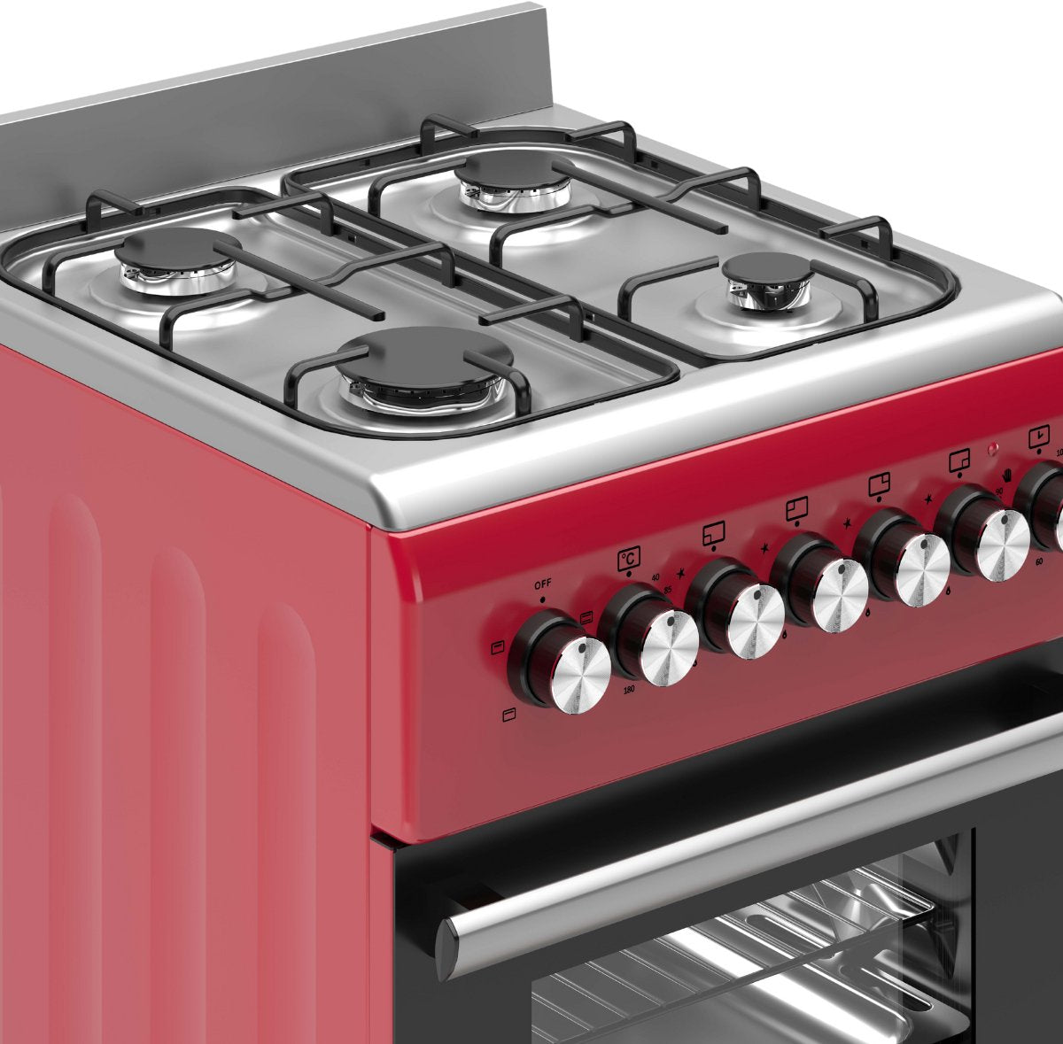 Wiggo WO‑E505R(RX)-2 Vrijstaande Gasfornuis - 50 cm - Rood met 4 kookzones en elektrische oven.