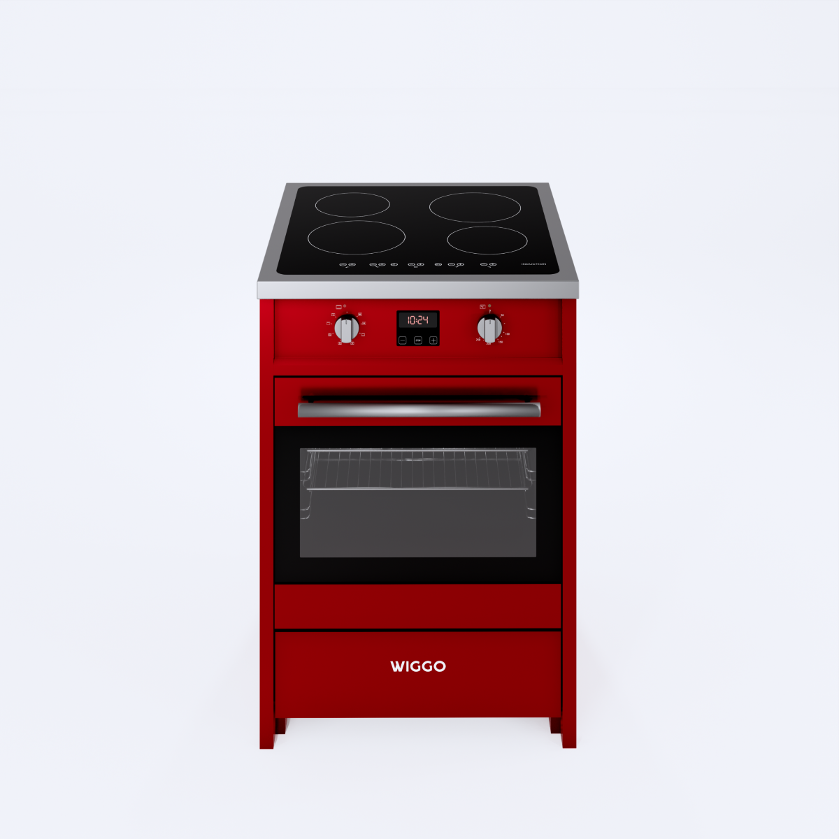 Wiggo WIO-E621A(RX) – Inductie Fornuis – 60 cm – 2 fasen (7.6 kW) – Oven 55L – 50-250°C – Metaal – Red Inox