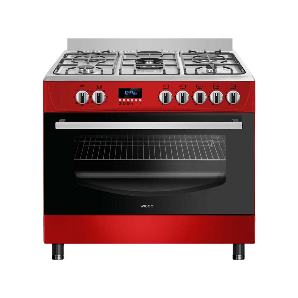 Wiggo WO‑E909R(RX) – Vrijstaand gasfornuis – 90 cm – 5 kookzones met wokbrander – 110L elektrische oven – Rood – Elektrische vonkontsteking & vlambeveiliging – Energieklasse