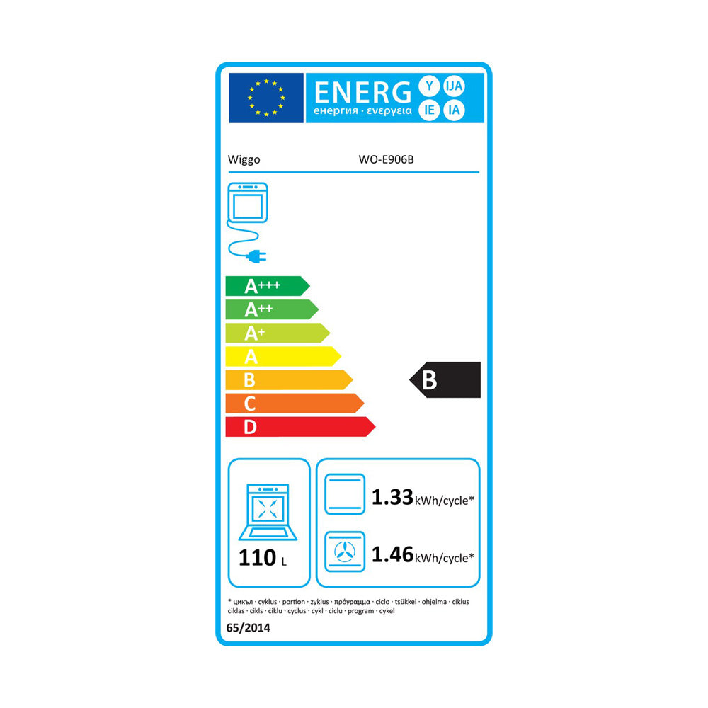 Energie-efficiëntie label van Wiggo WO-E906B met classificaties en verbruiksgegevens.