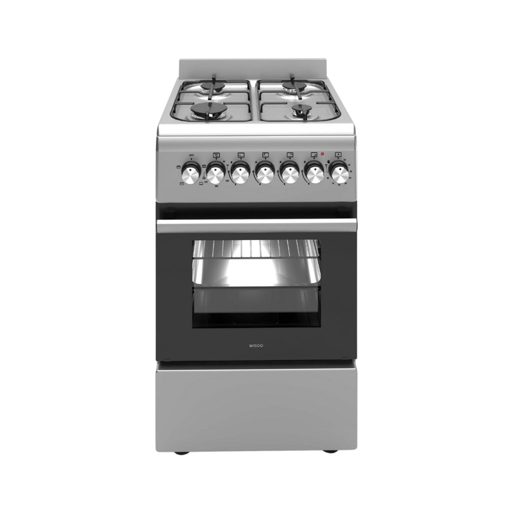 Wiggo WO‑E505R(XX) – Vrijstaand gasfornuis – 50 cm – 4 kookzones – 52L elektrische oven – Roestvrijstaal – Timerfunctie – Energieklasse A – 5 jaar garantie