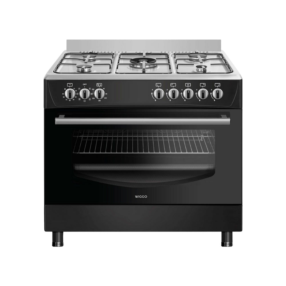 Wiggo WO‑E905R(BX) – Vrijstaand gasfornuis – 90 cm – 5 kookzones met wokbrander – 110L elektrische oven – Zwart Roestvrijstaal – Elektrische vonkontsteking & vlambeveiliging