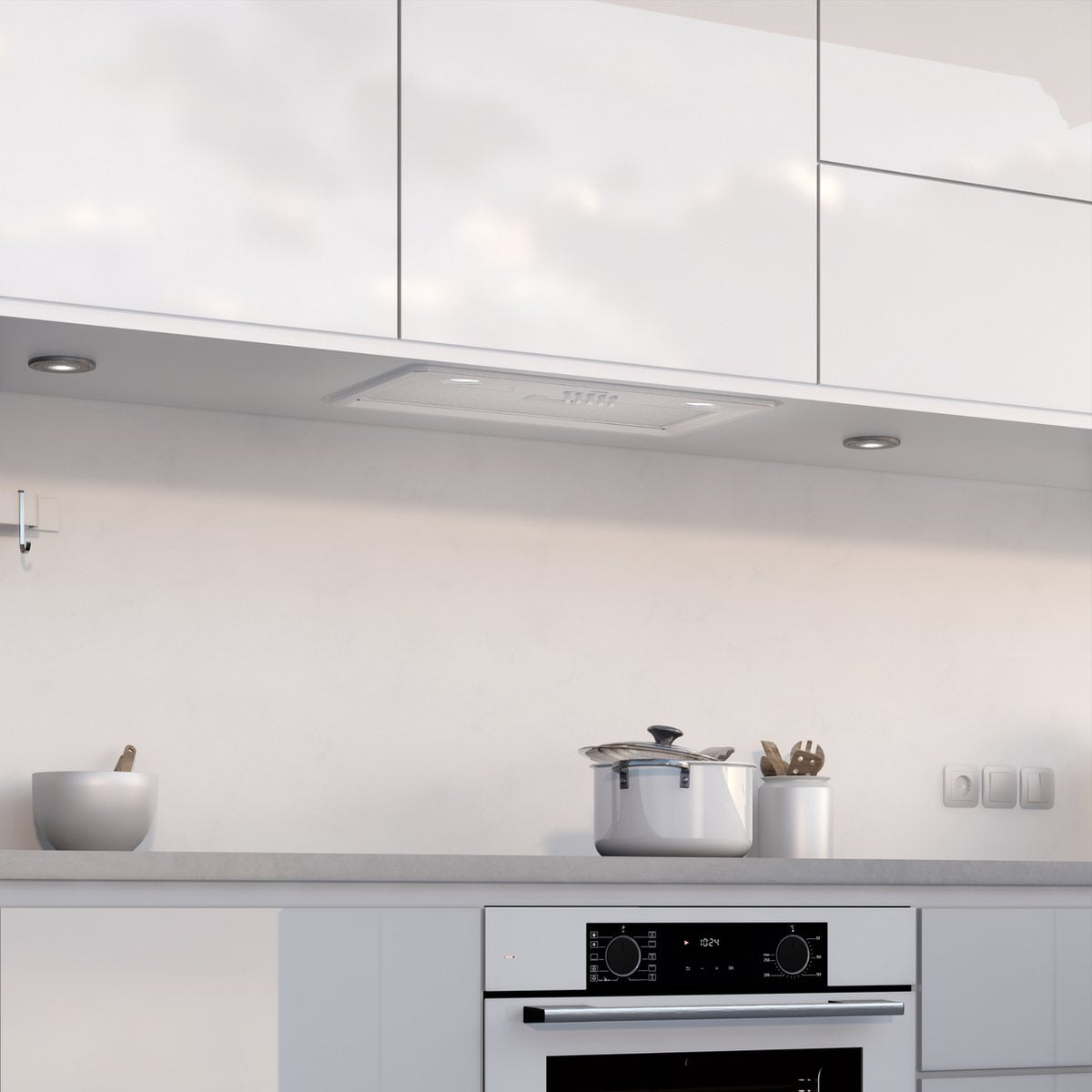 Wiggo WE-E631B(W) Inbouw Afzuigkap - 60 cm - Wit geïnstalleerd in moderne keuken met hoogglans keukenkasten.