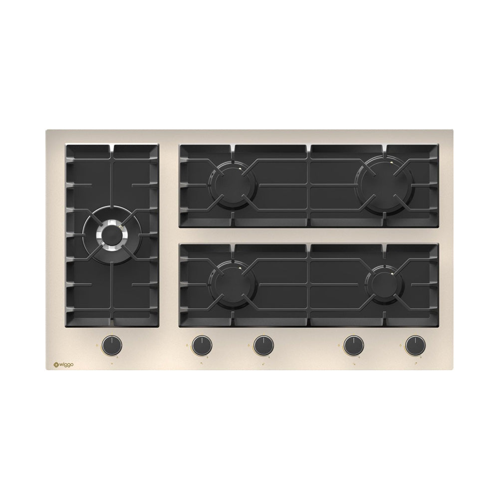 Wiggo WH-G935GR(C) - Inbouw Gaskookplaat - Glas op gas - Wok brander - 90cm - 5 Kookzones - Gietijzeren pannendragers - 5 jaar garantie - Crème Glas