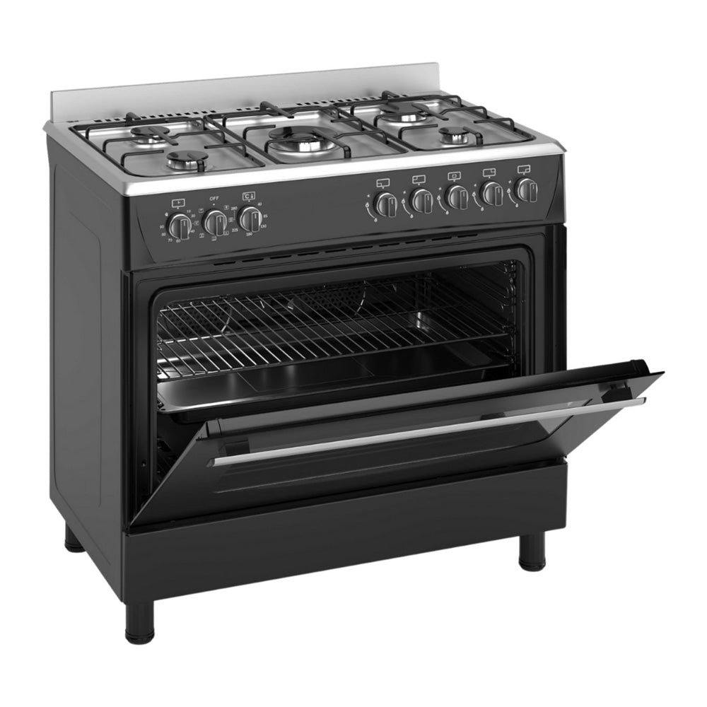 Wiggo WO-E906B(BX) Vrijstaande Gasfornuis - 90 cm - Zwart met open deur en vijf gasbranders.