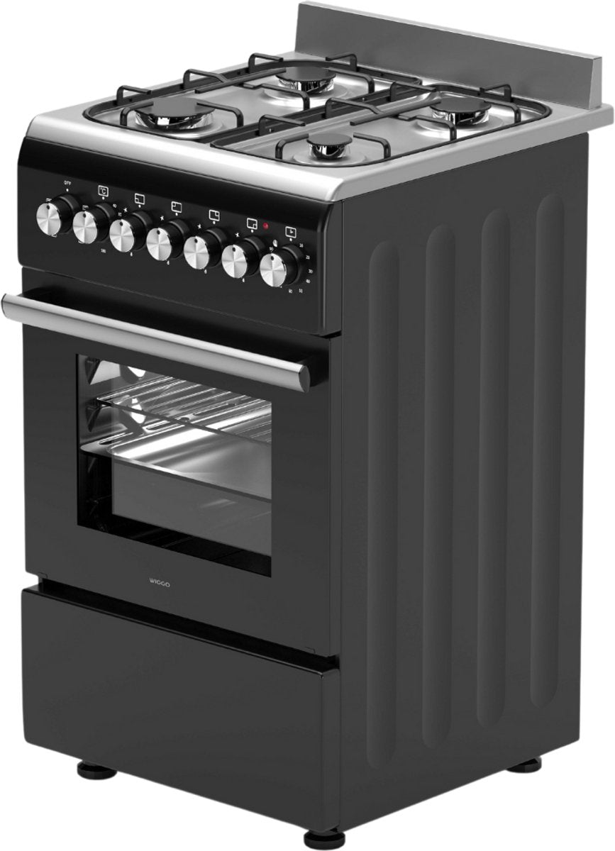 Wiggo WO‑E505R(BX)-2 Vrijstaande Gasfornuis - 50 cm - Zwart met 4 kookzones en elektrische oven