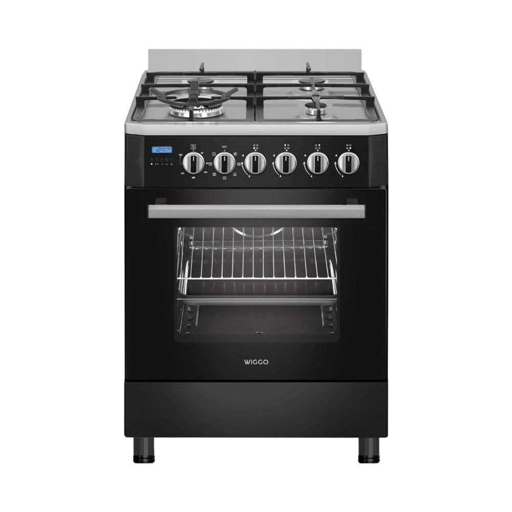 Wiggo - WO-E639R(BX) - Vrijstaand - Gasfornuis - Wok - 60 cm - 66 Liter - 4 pitten - Energieklasse B - 5 jaar garantie - Zwart Rvs