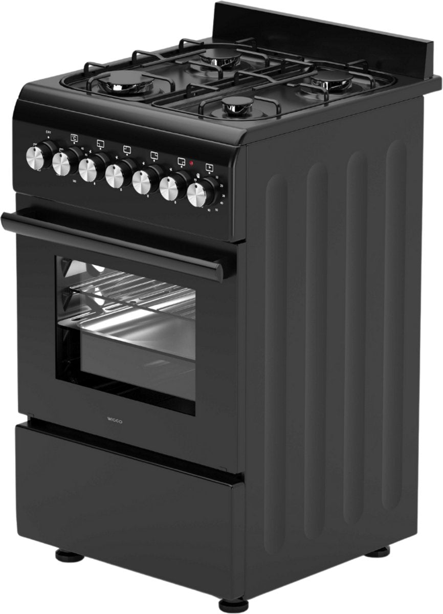 Wiggo WO‑E505R(BB) – Vrijstaand gasfornuis – 50 cm – 4 kookzones – 52L elektrische oven – Zwart – Timer & elektrische vonkontsteking – 5 jaar garantie