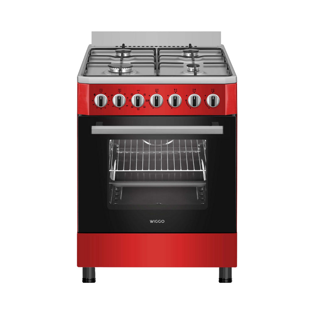 Wiggo WO-E605R(RX) – Vrijstaand Gasfornuis – 60 cm – 4 Gaspitten – Oven 66L – Energieklasse B – 5 Jaar Garantie – Rood Rvs