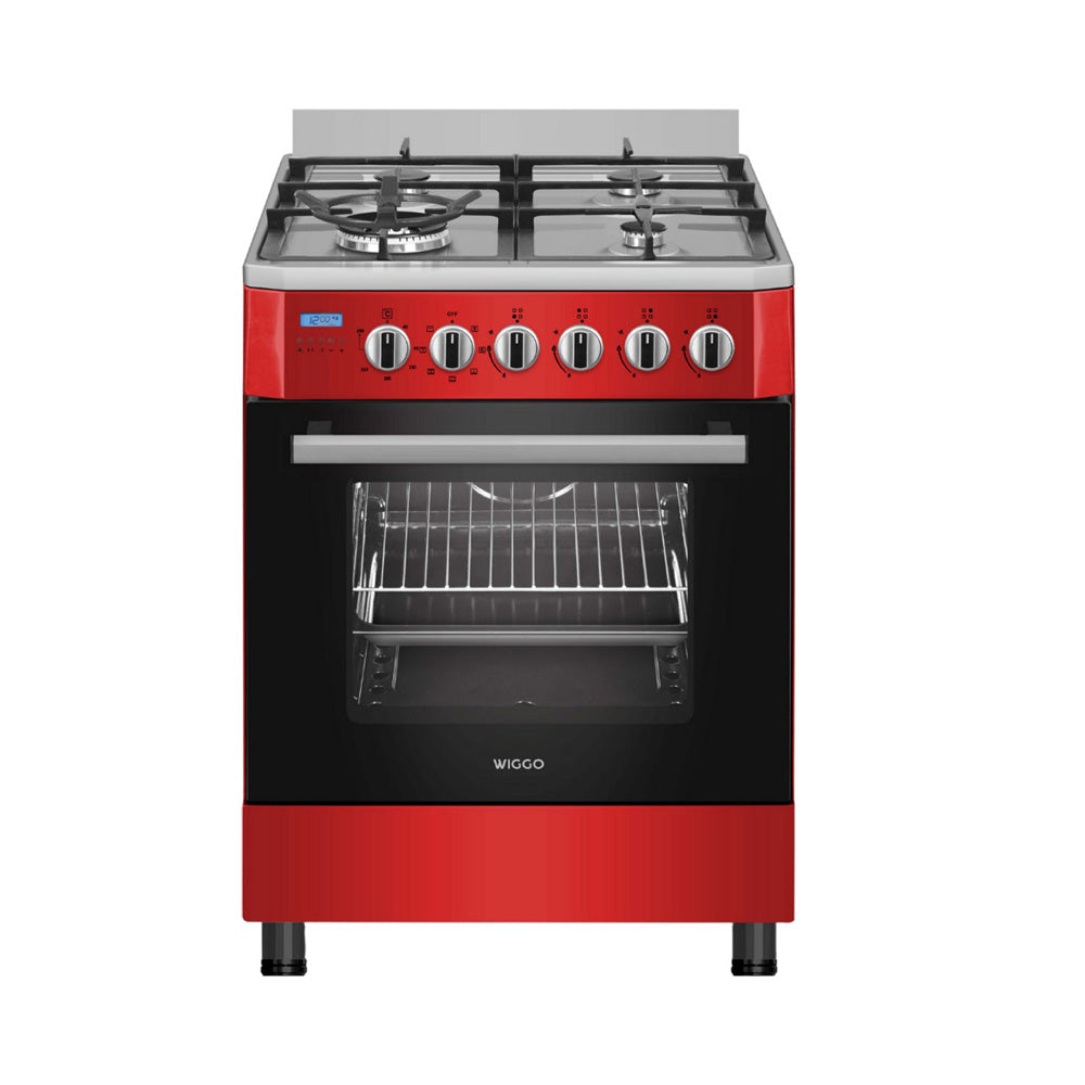 Wiggo - WO-E639R(RX) - Vrijstaand - Gasfornuis - Wok - 60 cm - 66 Liter - 4 pitten - Energieklasse B - 5 jaar garantie - Rood Rvs