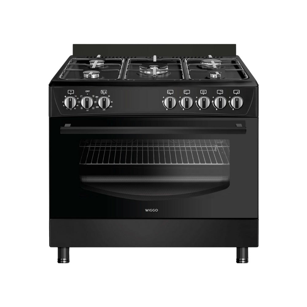 Wiggo WO‑E905R(BB) – Vrijstaand gasfornuis – 90 cm – 5 kookzones met wokbrander – 110L elektrische oven – Zwart – Elektrische vonkontsteking & vlambeveiliging – Energieklass