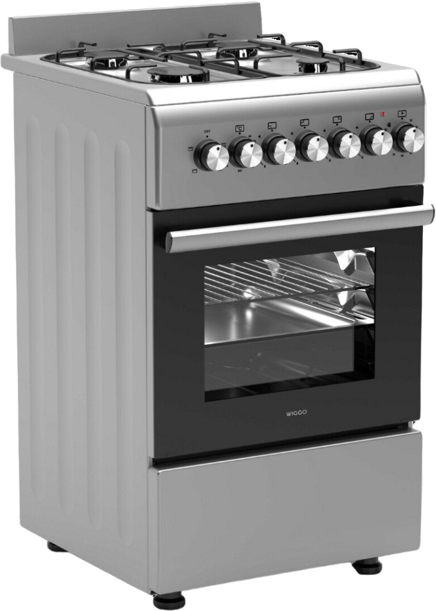 Wiggo WO‑E505R(XX)-2 Vrijstaande Gasfornuis - 50 cm - Roestvrijstaal met 4 kookzones en elektrische oven.