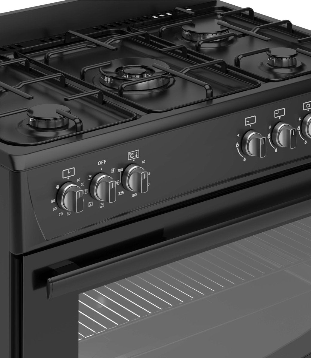 Detail van de Wiggo WO‑E905R(BB)-2 Vrijstaande Gasfornuis - 90 cm - Zwart met kookzones en bediening.
