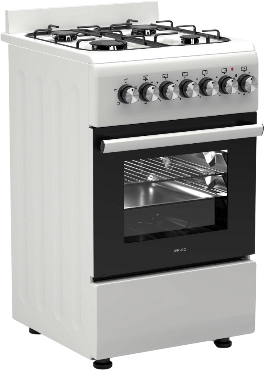 Wiggo WO‑E505R(WW) – Vrijstaand gasfornuis – 50 cm – 4 kookzones – 52L elektrische oven – Wit – Energieklasse A – Elektrische vonkontsteking – 5 jaar garantie