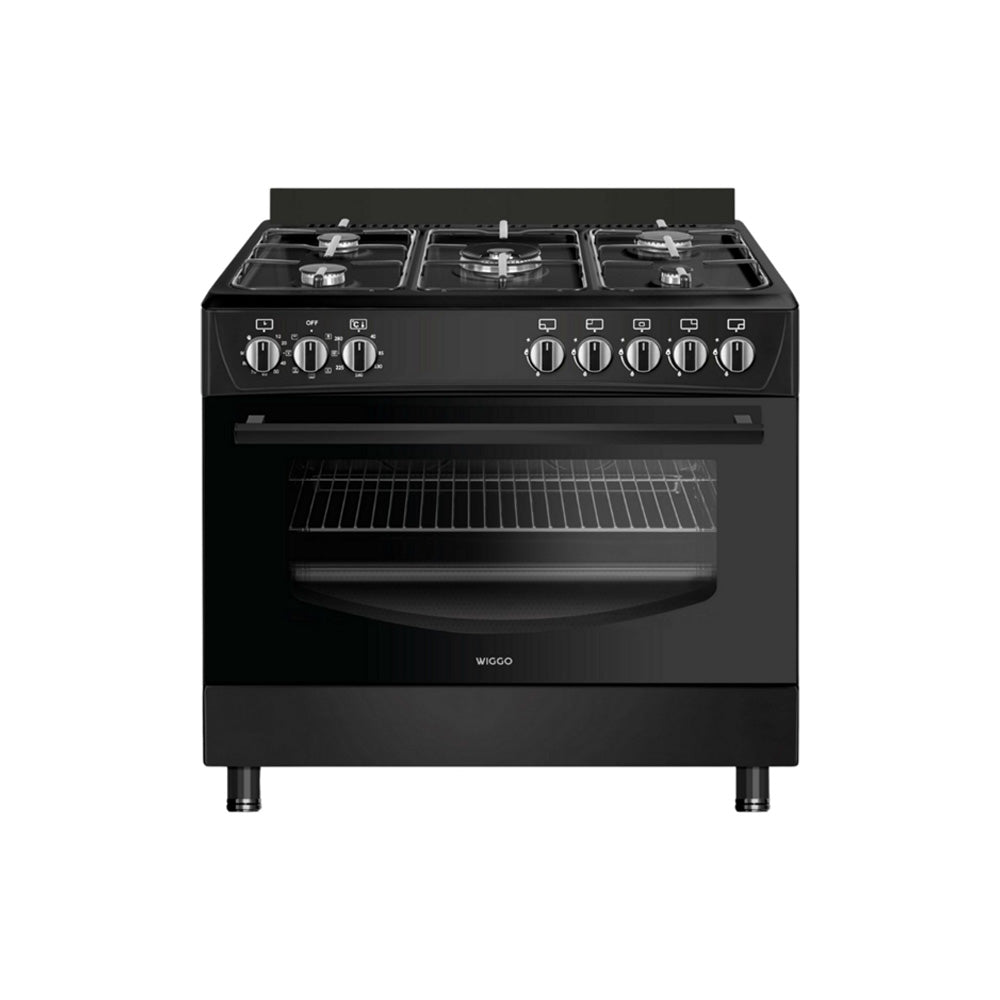 Wiggo WO‑E905R(BB) – Vrijstaand gasfornuis – 90 cm – 5 kookzones met wokbrander – 110L elektrische oven – Zwart – Elektrische vonkontsteking & vlambeveiliging – Energieklass