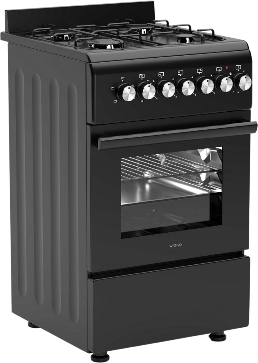 Wiggo WO‑E505R(BB)-2 Vrijstaande Gasfornuis - 50 cm - Zwart met 4 kookzones en elektrische oven.