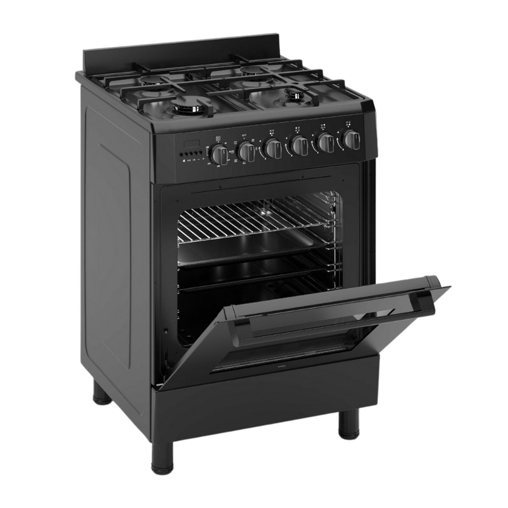 Wiggo WO-E609R(BB)-2 Vrijstaande Gasfornuis - 60 cm - Zwart met open oven en gietijzeren kookoppervlak.