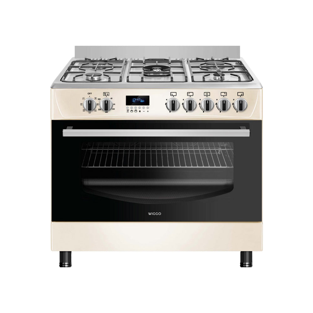 Wiggo WO‑E909R(CX) – Vrijstaand gasfornuis – 90 cm – 5 kookzones met wokbrander – 110L elektrische oven – Crème Roestvrijstaal – Elektrische vonkontsteking & vlambeveiliging