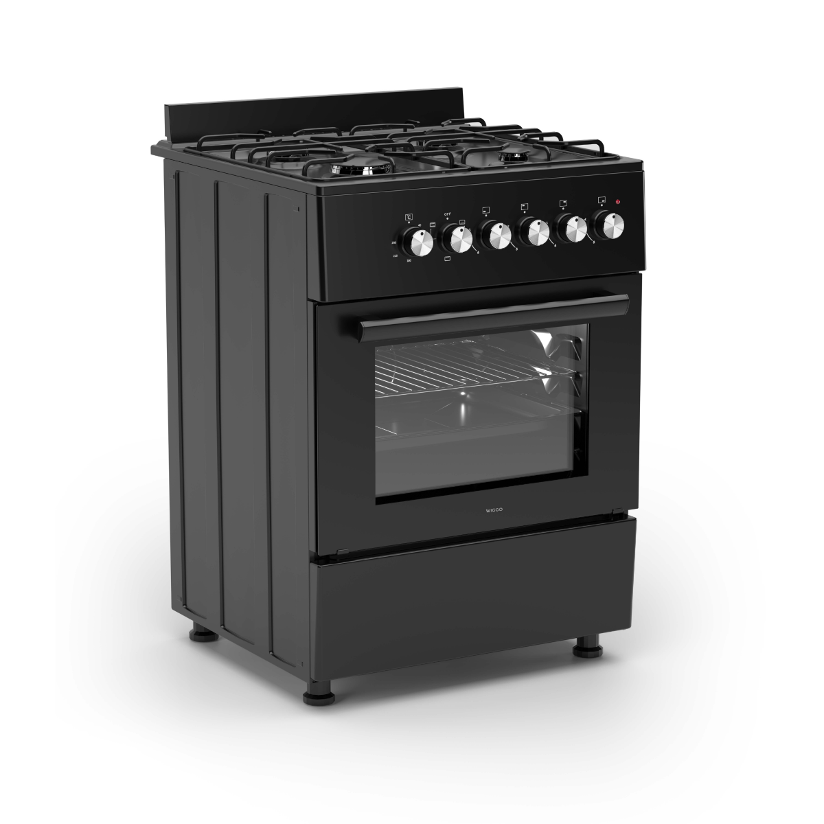 Wiggo WO‑E603A(BB) Vrijstaande Gasfornuis - 60 cm - Zwart met vier gasbranders en elektrische oven.