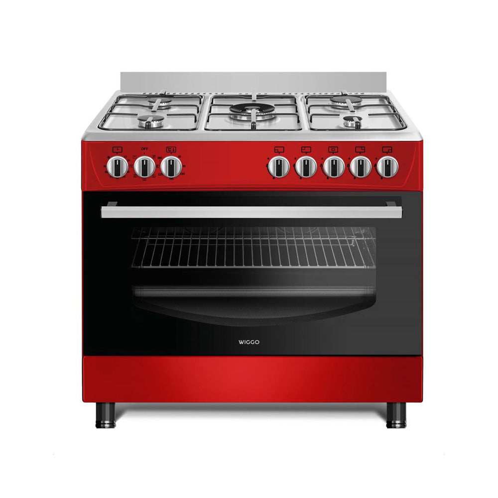 Wiggo WO-E903R(RX) - Gasfornuis - 5 Kookzones - 5 Ovenstanden - Wokbrander - Timer - 5 Jaar Garantie - Rood Rvs