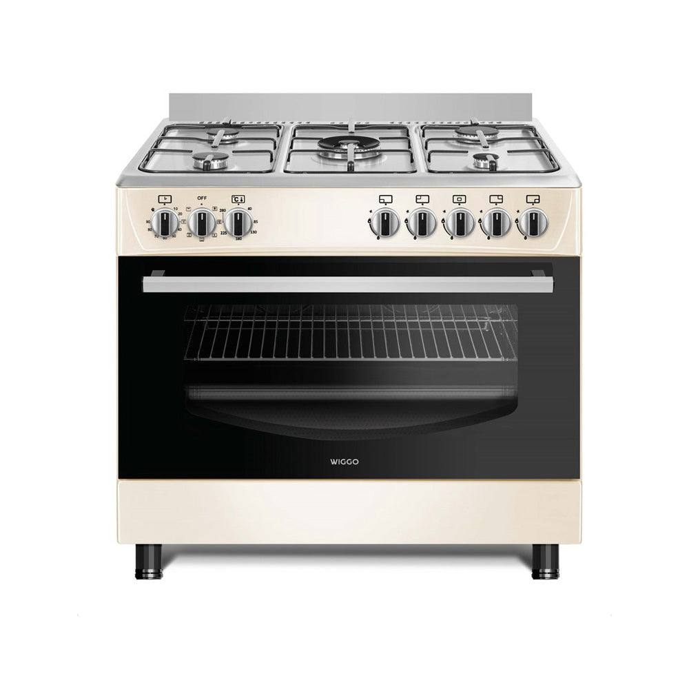 Wiggo WO-E903R(CX) - Gasfornuis - 5 Kookzones - 5 Ovenstanden - Wokbrander - Timer - 5 Jaar Garantie - Créme Rvs