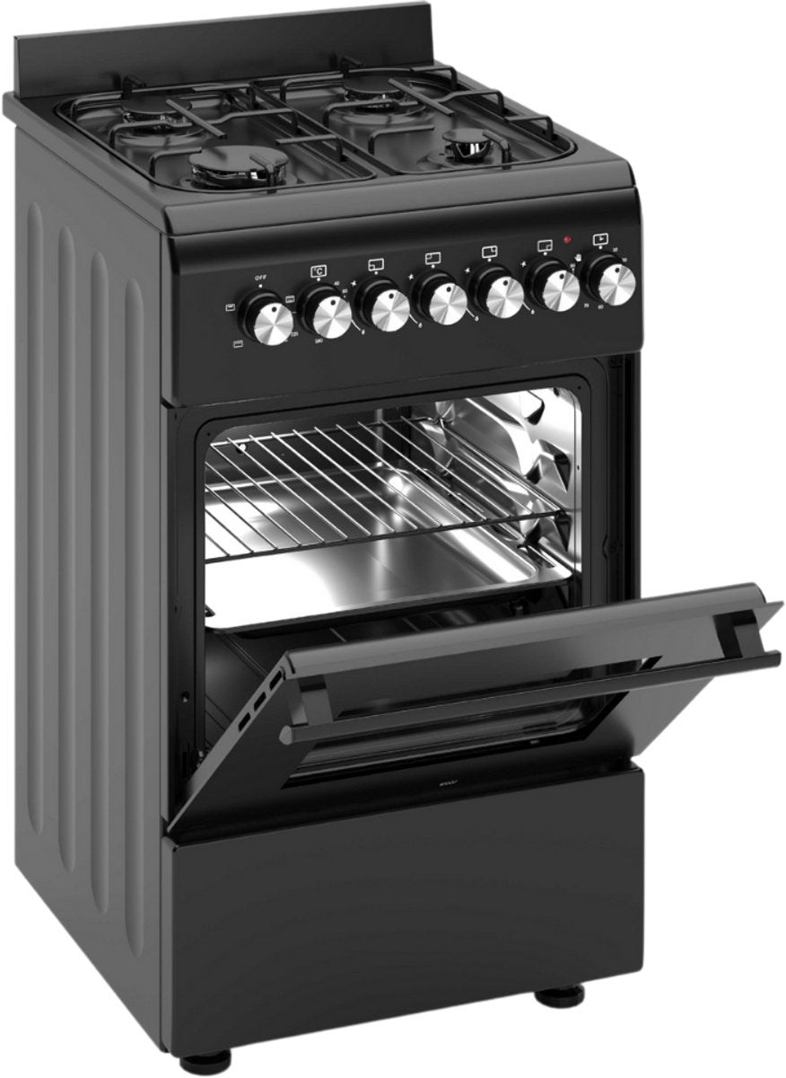 Wiggo WO‑E505R(BB)-2 Vrijstaande Gasfornuis - 50 cm - Zwart met 4 kookzones en elektrische oven.