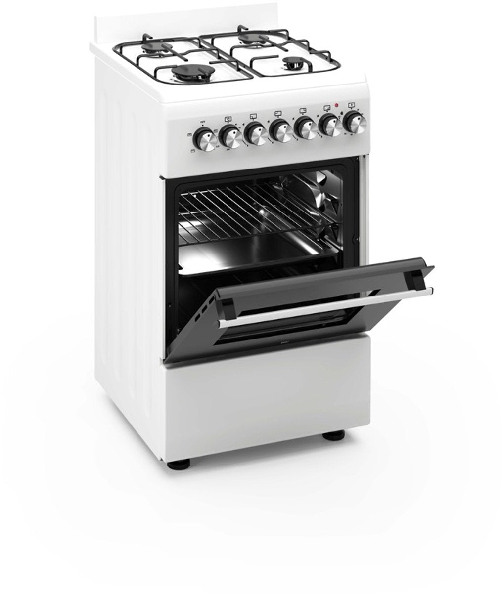 Wiggo WO‑E505R(WW)-2 Vrijstaande Gasfornuis - 50 cm - Wit met open deur en kookzones.