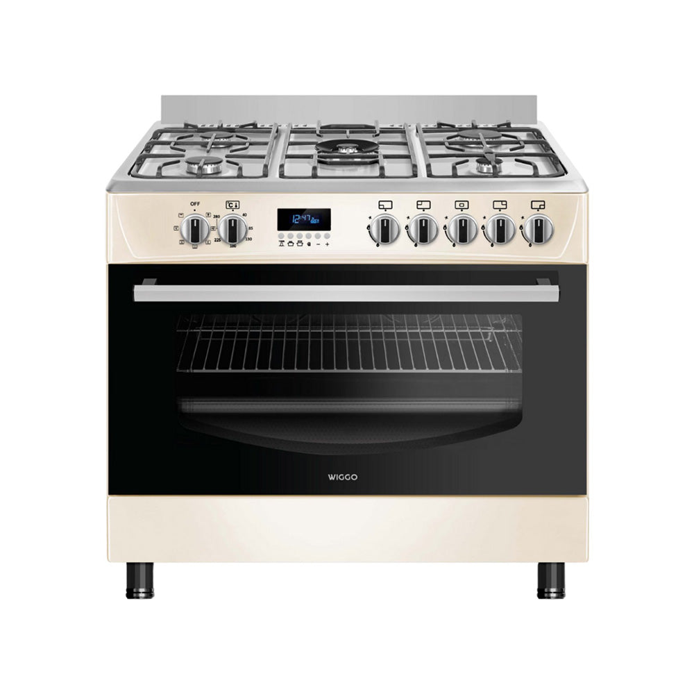 Wiggo - WO-E909R(CX) - Vrijstaand - Gasfornuis - 90 cm - 110 Liter - 5 pitten - Energieklasse B - 5 jaar garantie - Creme Rvs