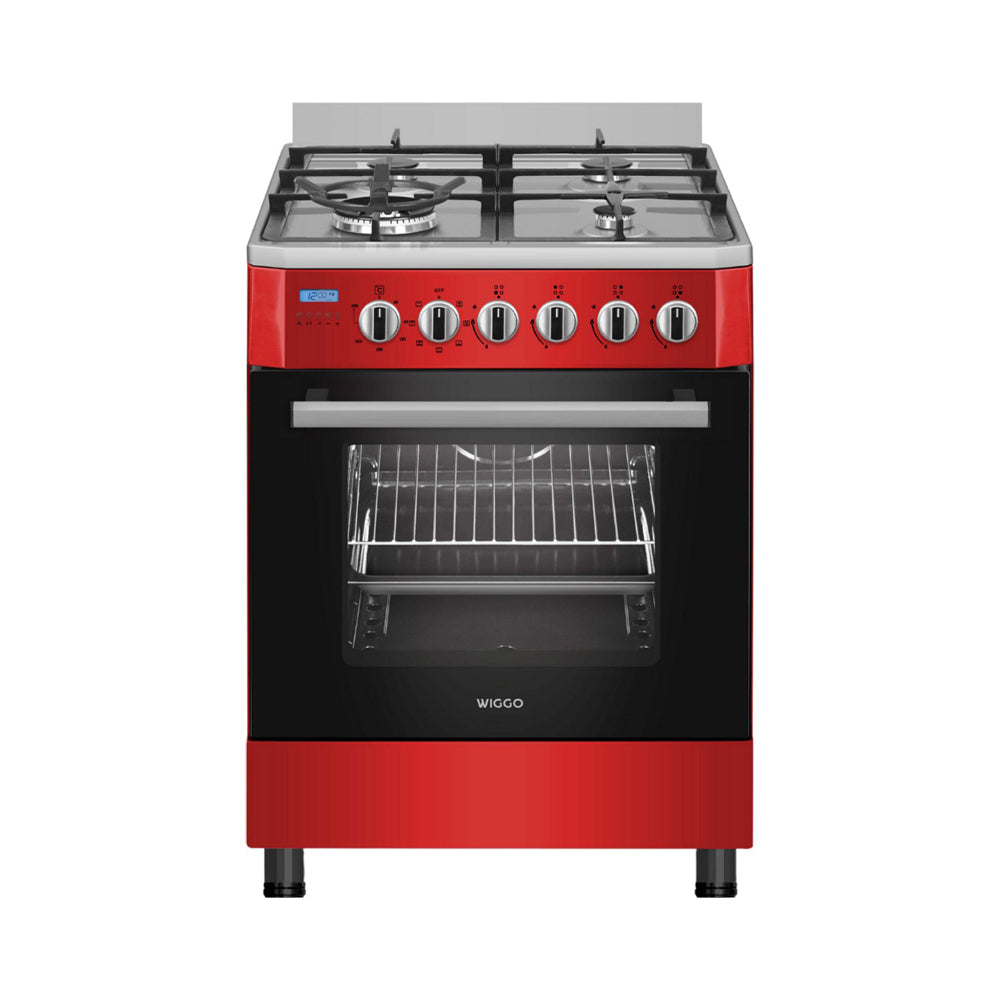 Wiggo WO-E639R(RX) – Vrijstaand gasfornuis – 60 cm – 5 kookzones – met wokbrander – 56L elektrische oven – Rood Roestvrijstaal – Elektrische vonkontsteking & vlambeveiliging –