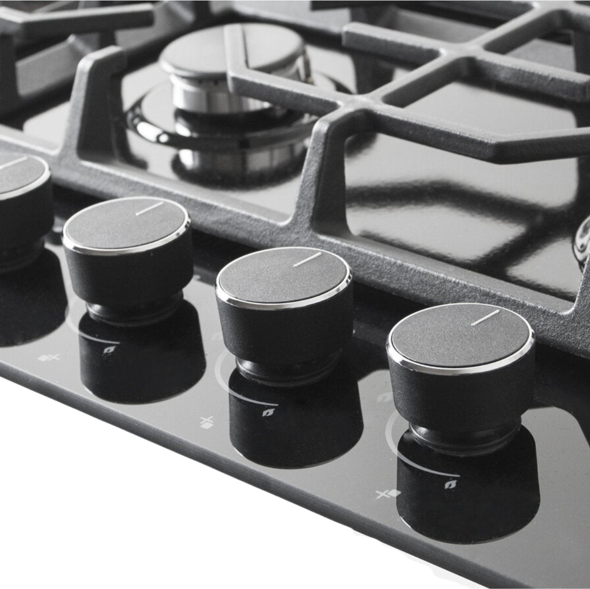 Wiggo WH-G735GR(B)-2 Inbouw Gaskookplaat - 70 cm - Zwart kookplaat met wokbrander en bedieningsknoppen.